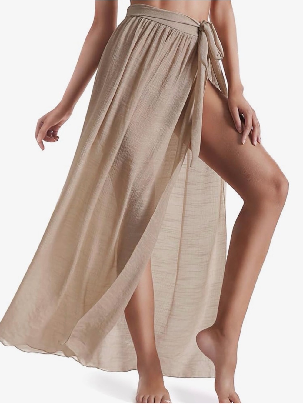 Beige Sheer Tie-Waist Maxi Beach Cover-Up Skirt
